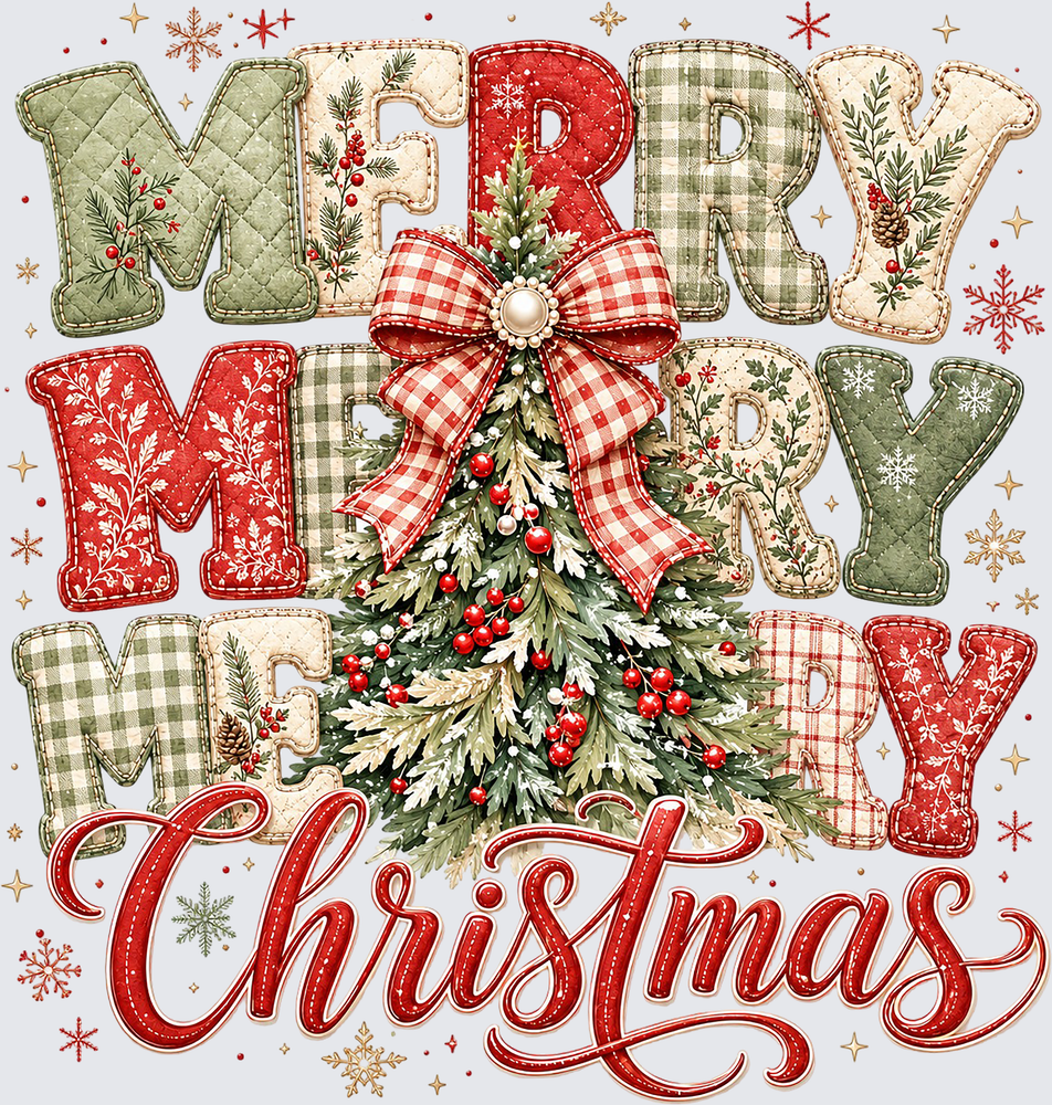 Merry Christmas Patchwork Tree DTF Transfer - Direct to Film Transfer - THIS IS NOT A T-Shirt or Digital Product