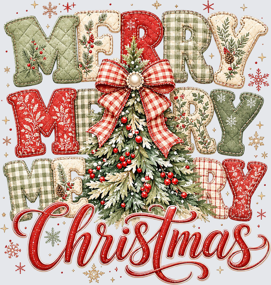 Merry Christmas Patchwork Tree DTF Transfer - Direct to Film Transfer - THIS IS NOT A T-Shirt or Digital Product