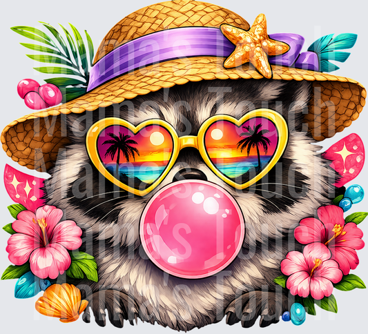 Cute Sloth Wearing Straw Hat Heart-Shaped Sunglasses Tropical Summer Vibes with Hibiscus Flowers