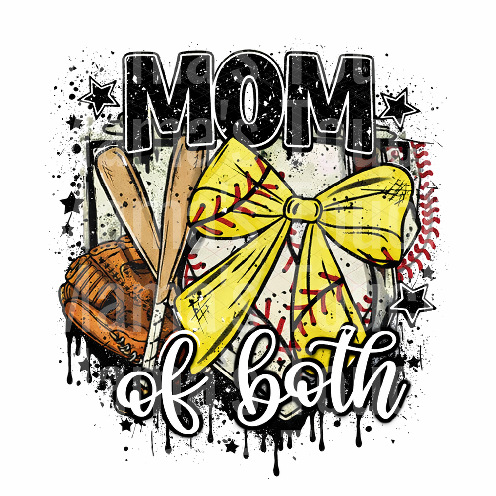 Mom of Both Baseball and Softball with Yellow Bow Grunge Design