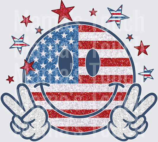 Patriotic Smiley Face with Peace Signs and American Flag Stars