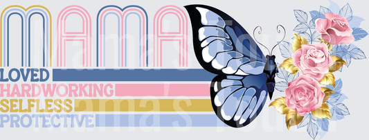 Mama Rainbow Typography with Blue Butterfly and Pink Roses