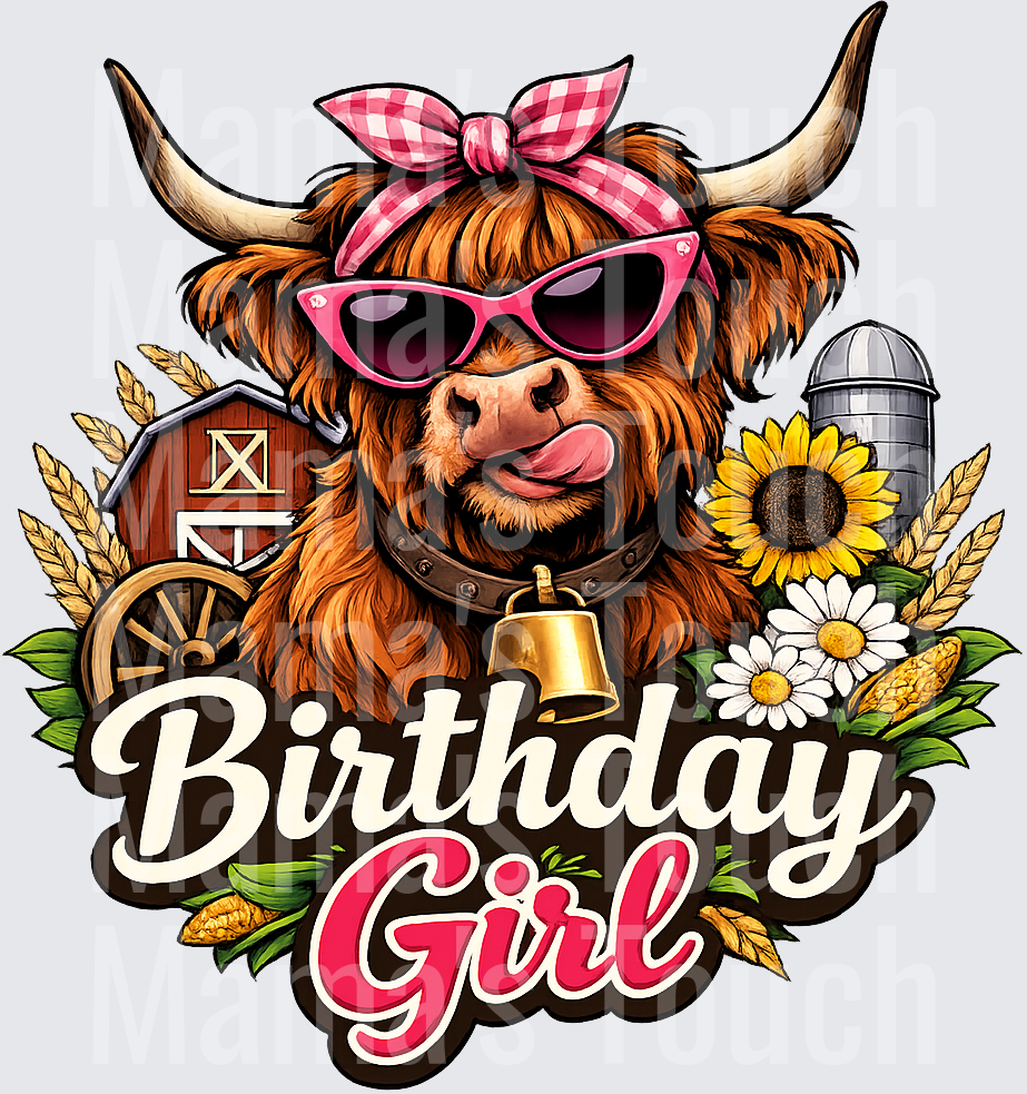 Birthday Girl Highland Cow with Pink Sunglasses and Farm Scene