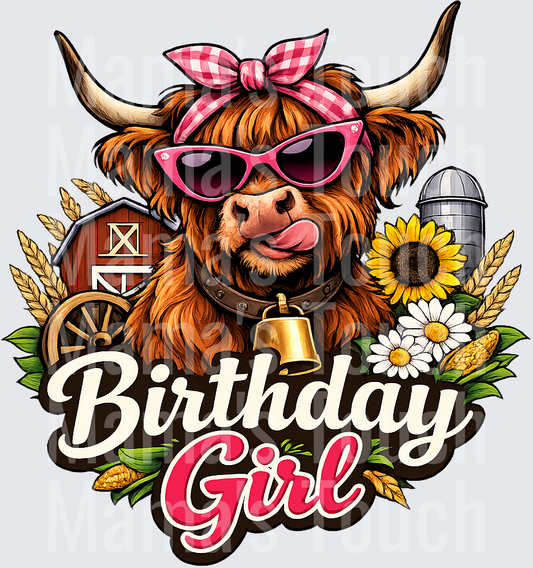 Birthday Girl Highland Cow with Pink Sunglasses and Farm Scene