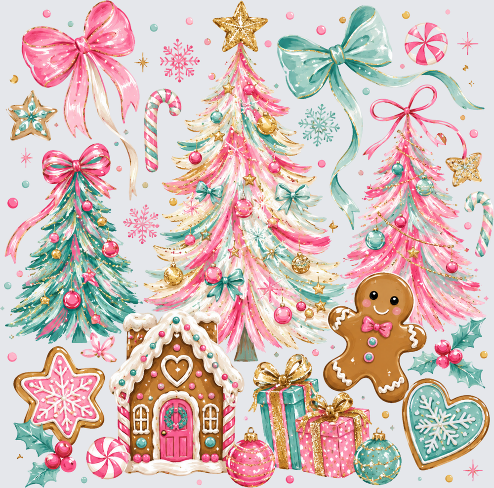 Pink Christmas Trees Coquettes Gingerbread House DTF Transfer - Direct to Film Transfer - THIS IS NOT A T-Shirt or Digital Product
