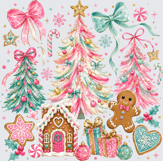 Pink Christmas Trees Coquettes Gingerbread House DTF Transfer - Direct to Film Transfer - THIS IS NOT A T-Shirt or Digital Product