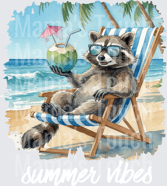 Cool Raccoon in Sunglasses Relaxing on Beach Chair with Coconut Drink