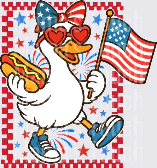 Patriotic Duck Wearing American Flag Bow Tie and Heart Sunglasses Holding Hot Dog and Flag