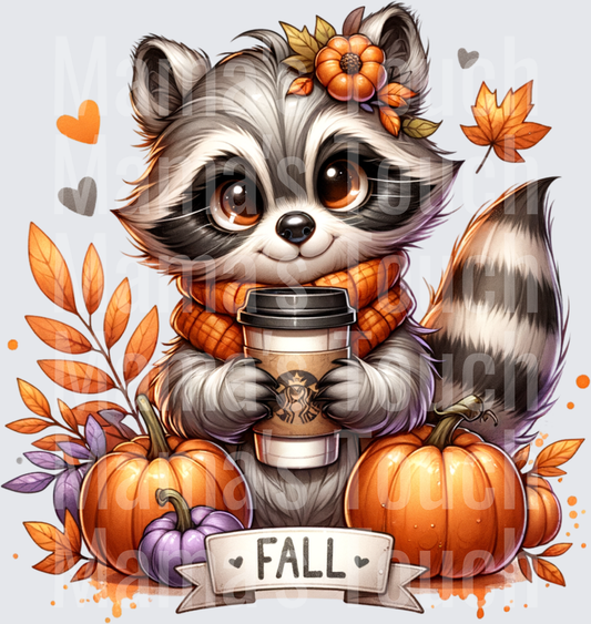 Cute Raccoon with Coffee Cup Fall Pumpkins and Autumn Leaves