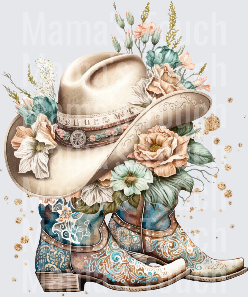 Western Cowboy Hat and Boots with Peach Sage Floral Bouquet