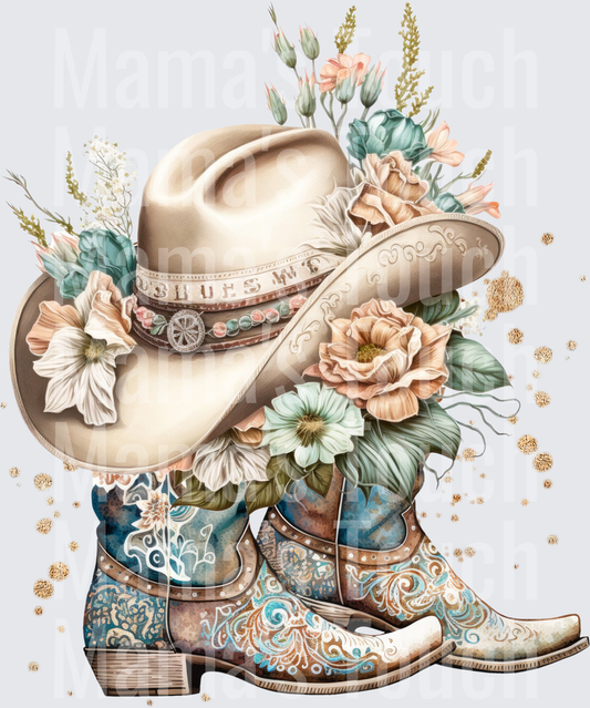 Western Cowboy Hat and Boots with Peach Sage Floral Bouquet