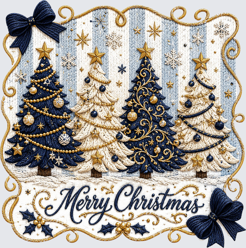 Merry Christmas Trees Blue DTF Transfer - Direct to Film Transfer - THIS IS NOT A T-Shirt or Digital Product