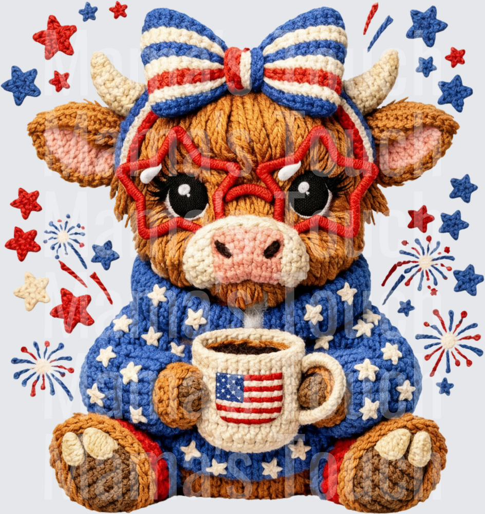 Patriotic Highland Cow with Coffee Cup Stars Stripes Fireworks