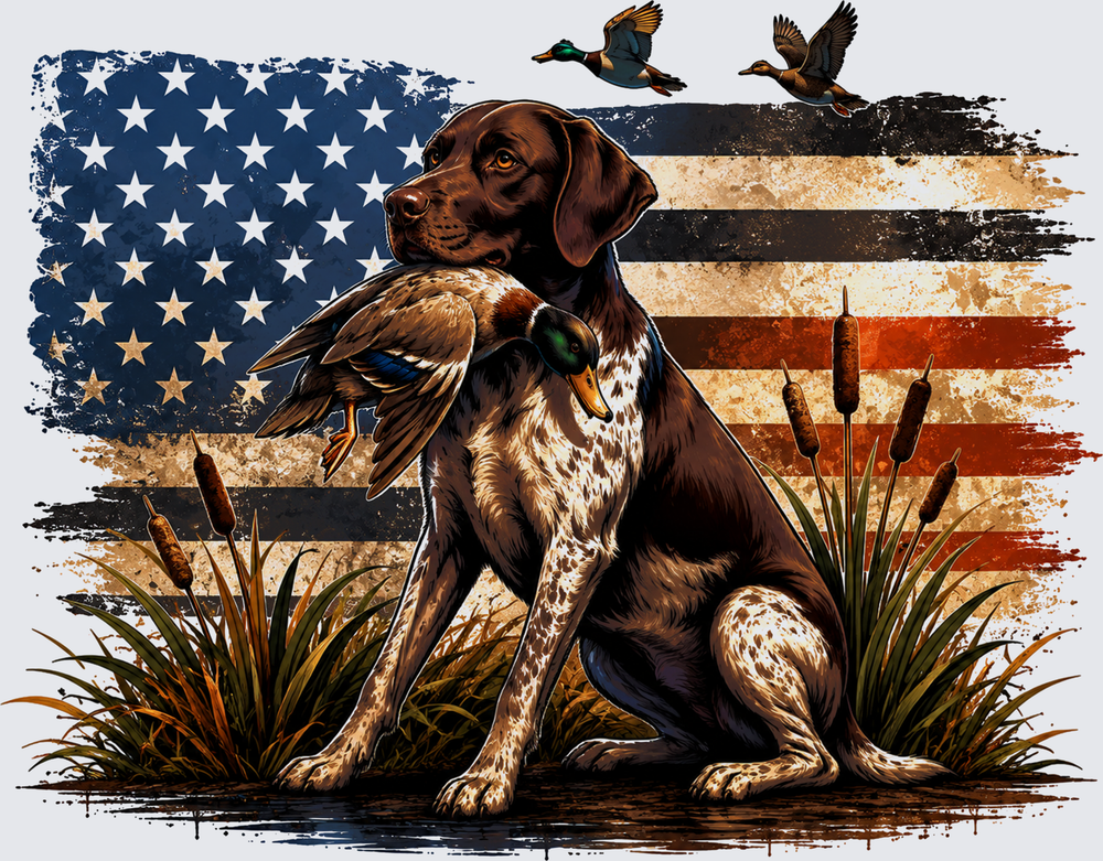 Duck Hunting Dog American Flag- Duck Hunting Design - Hunting Dog Design - DTF Transfer - Direct to Film Transfer - THIS IS NOT A T-Shirt or Digital Product