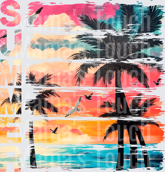 Summer Tropical Beach Sunset Palm Trees Seagulls Paradise