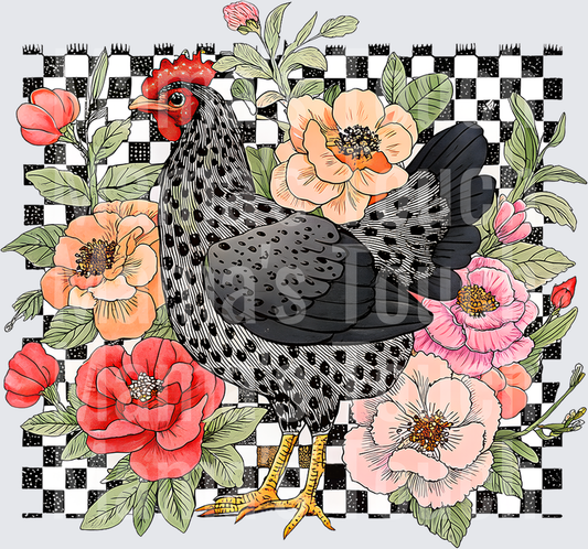 Black and White Checkered Hen with Peach and Pink Peonies