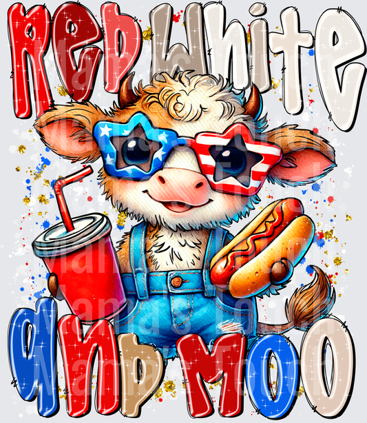 Red White and Hip Moo Patriotic Highland Cow with American Flag Sunglasses Hot Dog and Drink