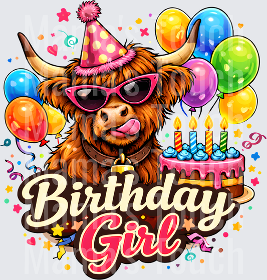 Highland Cow Birthday Girl with Party Hat Balloons and Cake