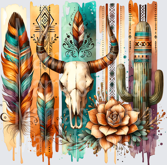 Southwestern Watercolor Bull Skull Feathers Cactus Rose Design