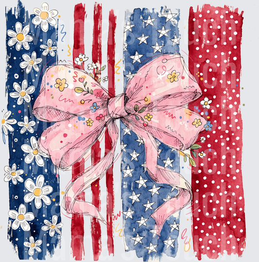 Patriotic American Flag with Pink Floral Bow and Daisy Pattern